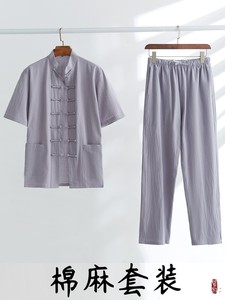 夏季中国风唐装棉麻短袖套装男士中式复古休闲长裤亚麻盘扣居士服