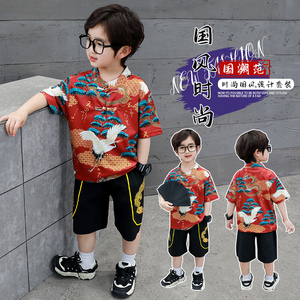 儿童红色龙鹤新中式国风短袖套装男童夏季宝宝幼儿园六一日常汉服