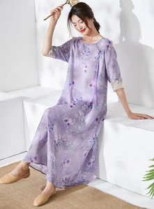 中国风女装改良苎麻旗袍刺绣拼接纱网棉麻长裙中袖紫色印花连衣裙