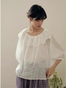 日系苎麻小衫女夏季新款荷叶领衬衣女款白色蕾丝上衣高级感娃娃衫