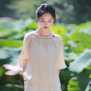 中式禅意茶服上衣女夏2023新款高级禅服女士棉麻素衣汉服改良唐装