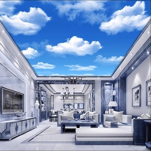 客厅蓝天白云吊顶卧室壁纸天花壁画3d立体绿色风景房顶棚树枝墙纸