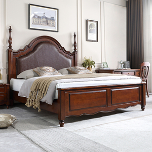 美式复古实木床法式乡村小户型婚床欧式真皮床别墅1.8m主卧双人床