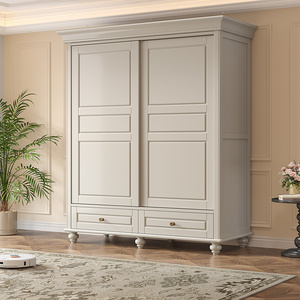 美式实木衣柜推拉门卧室复古田园白色趟门大衣橱1.6米两门大衣柜