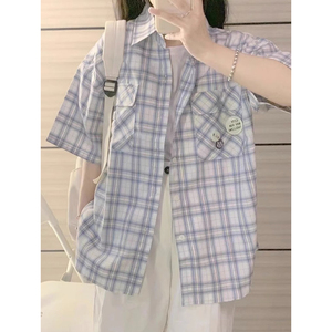 日系polo领格子短袖衬衫女夏季薄款设计感小众港风宽松小个子上衣