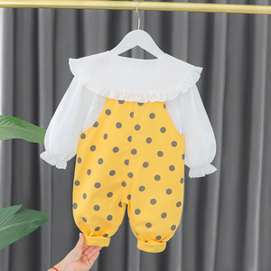 婴儿衣服超洋气卡通女童纯棉背带裤套装一岁五六7八9个月宝宝春装