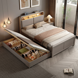 北欧实木床现代简约小户型拖床双人床储物床省空间双层儿童子母床