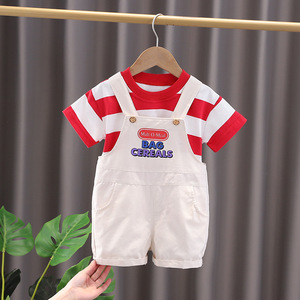 婴儿衣服夏季时髦洋气短袖背带裤六7八9十个月一二周岁男宝宝套装