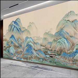 3D新中式千里江山图壁画国画山水电视背景墙壁纸饭店墙布茶室壁布