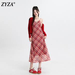 ZYZA吊带连衣裙长款女2024夏季新款法式复古红色格子性感辣妹长裙