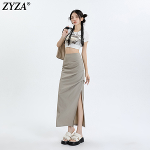 ZYZA灰色工装半身裙女2024夏季新品复古修身显瘦高腰辣妹开叉裙子