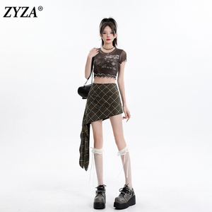 ZYZA美式绿色不规则格子半身裙女2024夏天新款高腰辣妹A字短裙