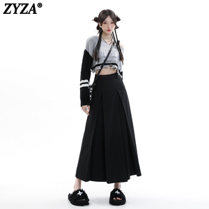 ZYZA黑色百褶裙女2024年夏季款高腰显瘦公主裙西装裙A字半身长裙