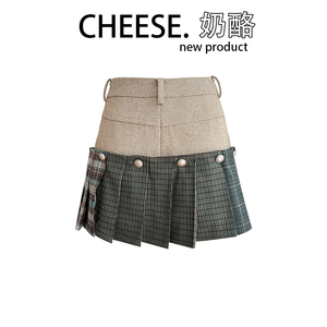 CHEESE 奶酪 可拆卸格子百褶半身裙女秋冬裙裤辣妹设计感别致短裙