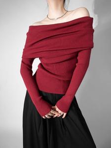韩国性感一字肩堆堆大翻领软糯针织衫女士温柔修身长袖酒红色毛衣