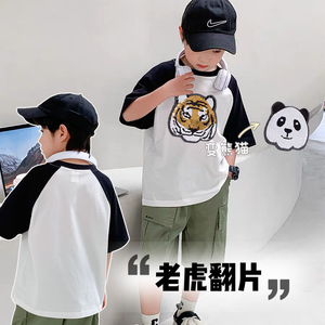 儿童亮片可变图案衣服男童短袖T恤拼色熊猫变老虎上衣变脸打底衫