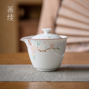 画续手绘桃花白瓷手抓壶盖碗泡茶杯单壶家用陶瓷一人用功夫茶具