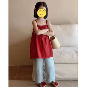 韩系童装2024夏季新款女童连衣裙复古红色无袖吊带裙棉布裙两件套