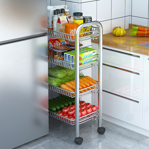 304不锈钢厨房置物架落地可移动放水果蔬菜收纳筐家用窄缝储物架