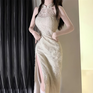 新中式国风改良旗袍连衣裙女夏季白色内搭打底裙长款高开衩包臀裙