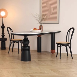 法式复古实木餐桌设计师思家岩板饭桌奶油风半圆岛台家庭家用桌子