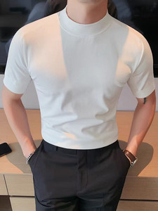 夏季韩版修身男士半高领短袖T恤型男紧身弹力时尚纯色圆领打底衫