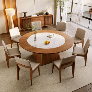 大圆餐桌家用实木宴会餐桌带嵌入转盘圆桌中式侘寂2米大型圆餐桌