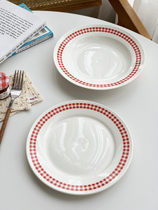 安木良品 小熊印花盘子 创意陶瓷西餐盘红格8英寸家用盘