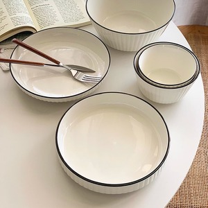 安木良品 韩国ins极简风线条质感釉下彩陶瓷家用大汤碗餐盘子套装