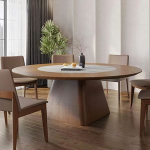 1.8米大圆餐桌12人家用实木胡桃色带嵌入转盘圆桌中式大型圆餐桌