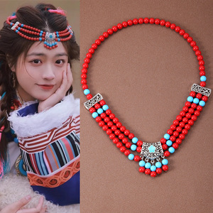 藏族蒙古族女士服装耳环配饰舞蹈演出头饰异域名族风手工串珠发饰