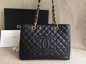 【99新】Chanel香奈儿黑金gst荔枝牛皮购物包单肩手提女包