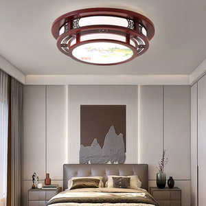 实木LED吸顶灯圆形亚克力中式客厅元青花雕花餐厅卧室书房中国风