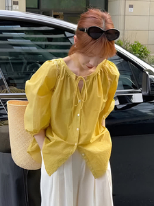 薄款黄色绑带蝴蝶结v领长袖衬衫2024新款女夏季宽松气质防晒上衣