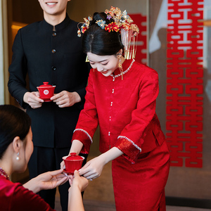 新中式旗袍敬酒服新娘2024新款结婚订婚回门喜服酒红色婚服嫁衣女