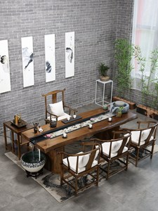 新中式实木茶桌椅组合办公室原木茶几循环流水创意养鱼茶台禅意