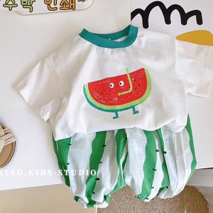 婴儿衣服夏季纯棉洋气可爱西瓜短袖T恤套装1二岁男女宝宝清凉夏装