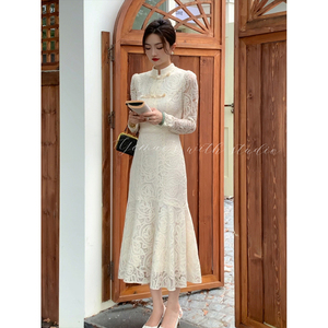 新中式女装2023秋季新款蕾丝气质高端国风盘扣白色改良旗袍连衣裙