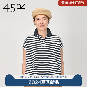 45R女士24夏季新款澳大利亚棉密织M型条纹POLO短袖T恤2470470131