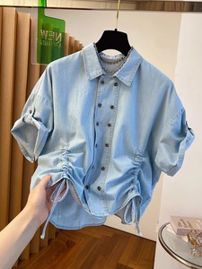 浅蓝色抽绳短袖牛仔衬衫女夏季大码胖mm高级复古时髦短款衬衣上衣