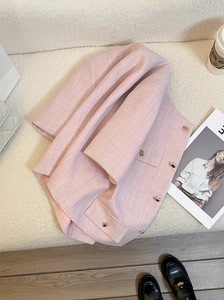 粉色小香风短袖西装外套女夏季大码法式气质名媛高级甜美西服上衣