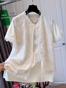 新中式蕾丝马甲短袖T恤两件套女夏季大码胖m国风重工刺绣叠穿上衣