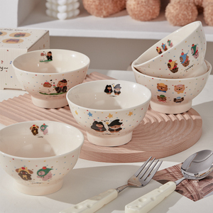 家用波点5英寸米饭碗酸奶碗陶瓷情侣亲子碗可爱卡通小碗稀饭粥碗