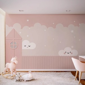 儿童房壁布北欧墙布云朵星星墙纸粉色女孩卧室壁纸公主房温馨壁画