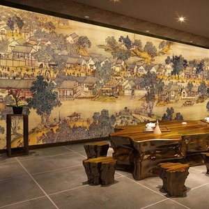 复古大气清明上河图新中式墙纸酒店茶室古典餐厅壁纸客厅沙发壁布