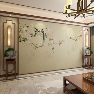新中式玉兰花鸟壁布电视背景墙壁画客厅沙发影视墙纸墙布卧室壁纸