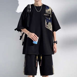 NASA潮牌刺绣小熊T恤男夏季拼接中国风帅气一套搭配大码短袖5分裤