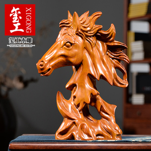 花梨木雕马头摆件红木雕刻十二生肖家居博古架实木装饰工艺品