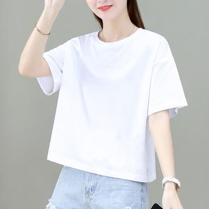 白色短袖t恤女夏2024新款纯棉短款宽松显瘦纯色圆领体恤百搭上衣
