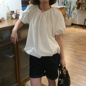 夏季法式风简约松紧领口下摆设计泡泡袖棉质短袖白色小衫衬衫女